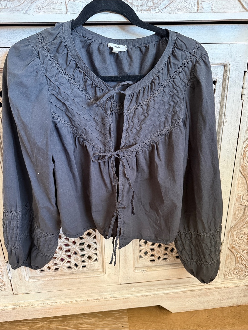 aerie Black Smocked Tie-Front Peasant Top
